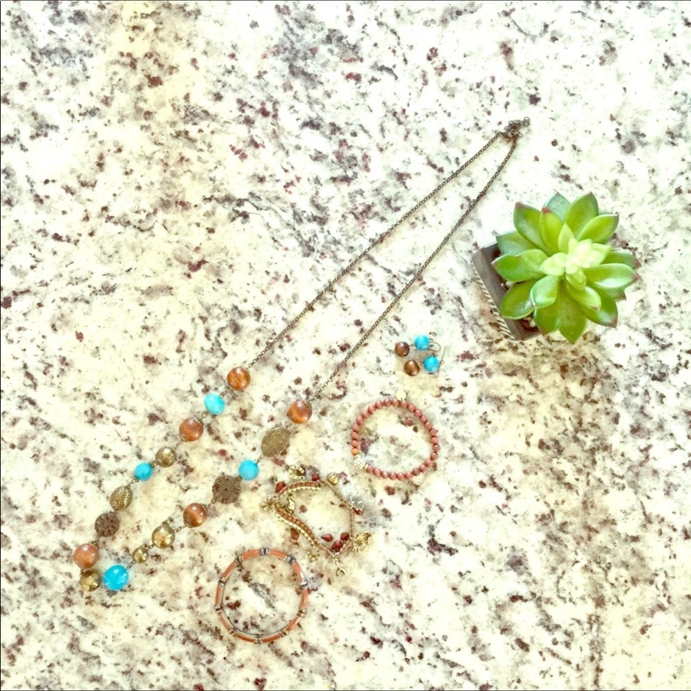 Bundle Necklace earrings bracelets Turquoise Brown - Picture 2 of 5